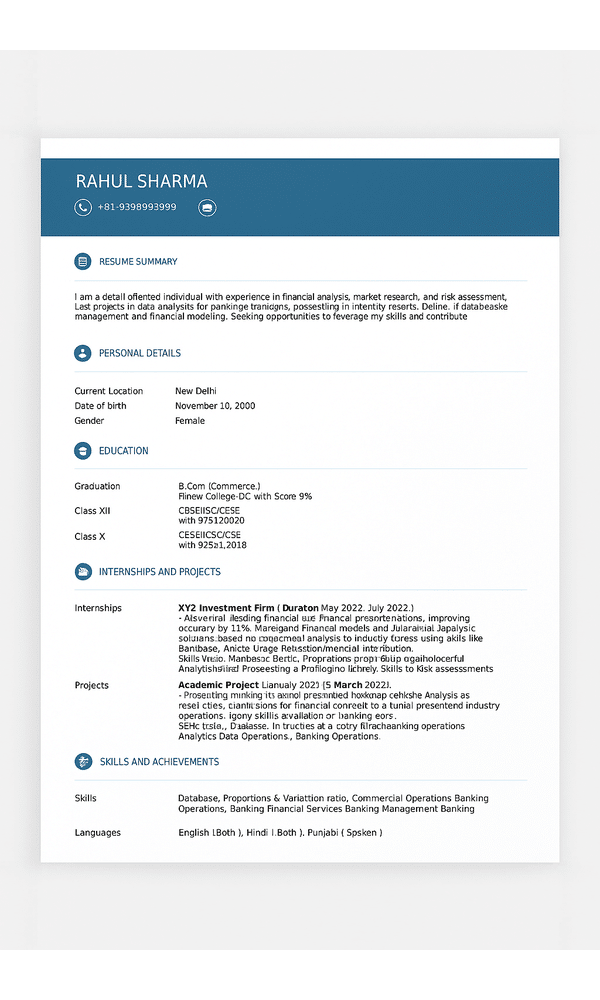 fresher resume for bank job